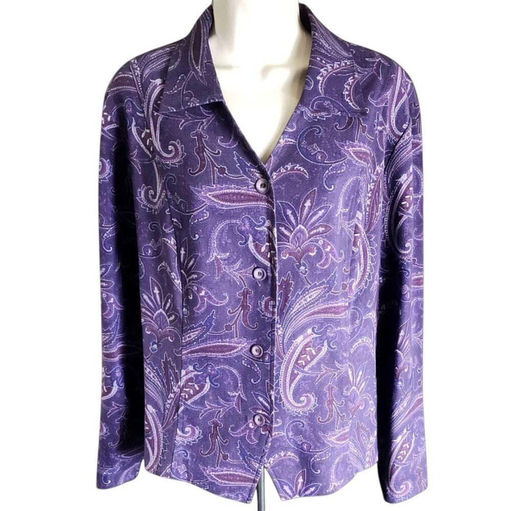 Requirements Blouse Womens XL Purple Paisley V-Neck Long Sleeve Polyester Top